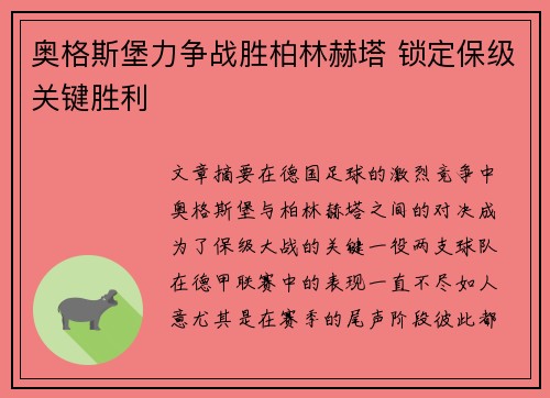 奥格斯堡力争战胜柏林赫塔 锁定保级关键胜利