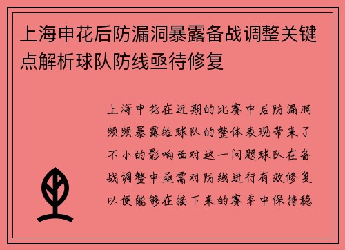 上海申花后防漏洞暴露备战调整关键点解析球队防线亟待修复